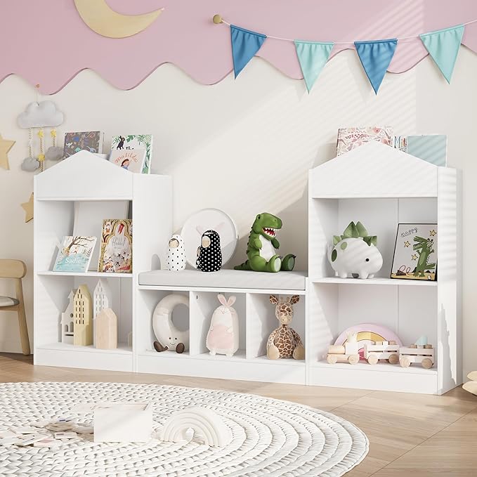 MHOM 68.9“ Kids Bookshelf with Reading Nook, Toy Storage Organizer with Seat Cushion and 7 Storage Cubbies, Wooden Kids Bookcase, Toy Organizers and Storage for Nursery, Playroom, White