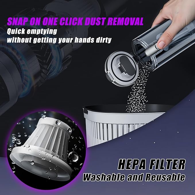 Handheld Car Vacuum Cordless, Mini Vacuum Cleaner Rechargeable, 16000Pa Hand Held Vacuum Cleaner Portable, Small Vacuum with Multi-Nozzles, Dust Duster for Car Home Office Pet (Silver Purple)