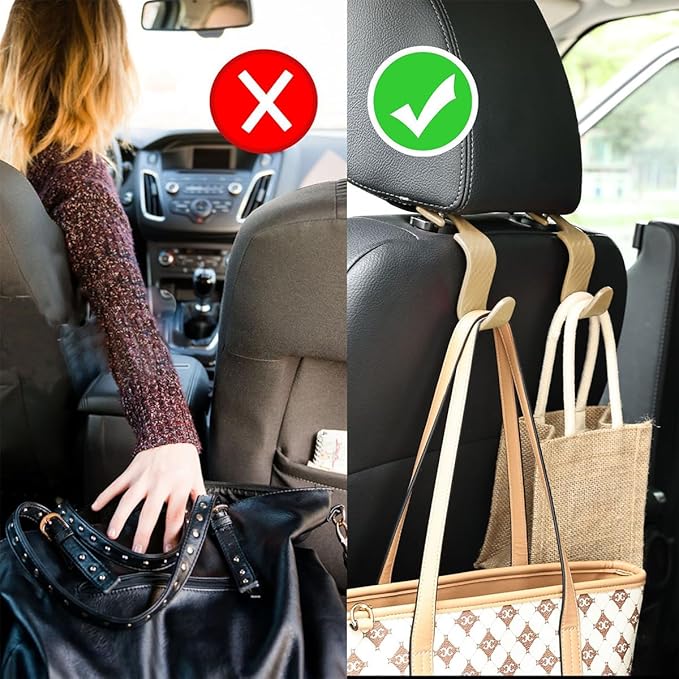 Hanemia 4PCS Car Seat Headrest Hooks, Auto Back Seat Hanger Holder, Durable Stylish Vehicle Organizer Universal Car Interior Accessories, Storage Hooks for Purses, Bags, Clothes (Carbon Fiber/Beige)