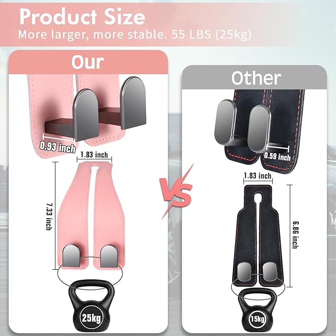 Car Hooks for Headrest, Leather Car Seat Back Storage Organizer Interior Accessories, More Wide & Deep Auto Seat Hook Hangers for Purse Umbrellas Handbag Clothes Coats Grocery Bags (Pink-2 Pack)