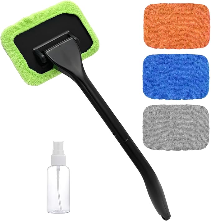 KVAEY Car Windshield Cleaning Tool, Microfiber Window Cleaner with 4 Washable Reusable Cloth Pad & Extendable Handle, Auto Glass Cleaning Kit with Spray Bottle for Glass Wiper