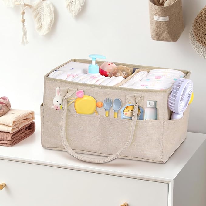 Diaper Caddy with Wipe Dispenser One-Handed Access, Premium Diaper Organizer, Portable Car Organizer Nursery Basket for Newborn Essentials, Baby Registry Must Haves for Boys & Girls, Beige