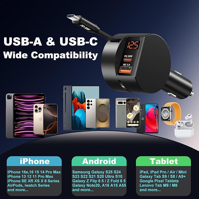 78W Retractable Car Charger USB C, OKRAY 3-Port 12v Cigarette Lighter Adapter PD30W Fast Charging Type C Car Phone Charger & Coiled USB C Cables for iPhone 17 Air 16 15 Pro, Samsung Galaxy S25 S24 A16