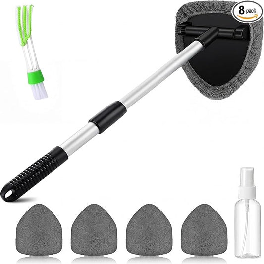 FoldTier 8 Pcs Car Windshield Cleaner Kits with Extendable Handle, 5 Microfiber Towel Pads, 1 Brush, 1 Empty Spray Bottle for Auto Glass Wiper Suvs Rvs & Home Windows (Grey)