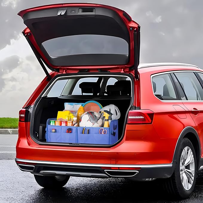 Trunk Organizer For Suv & Sedan,Car Organizers and Storage, Waterproof Collapsible & Adjustable Straps,70L Sturdy Car Organization for Car Accessories, Tools,Sundries,2-3Compartment（Blue