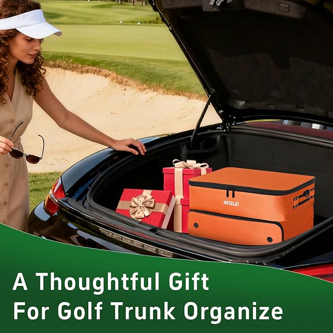 ANILD Golf Trunk Organizer, 2 Layer Golf Storage Case with Separate Ventilated Compartment for 2 Pair Shoes, for Balls, Tees, Clothes, Gloves, Accessories, Golfer Gifts