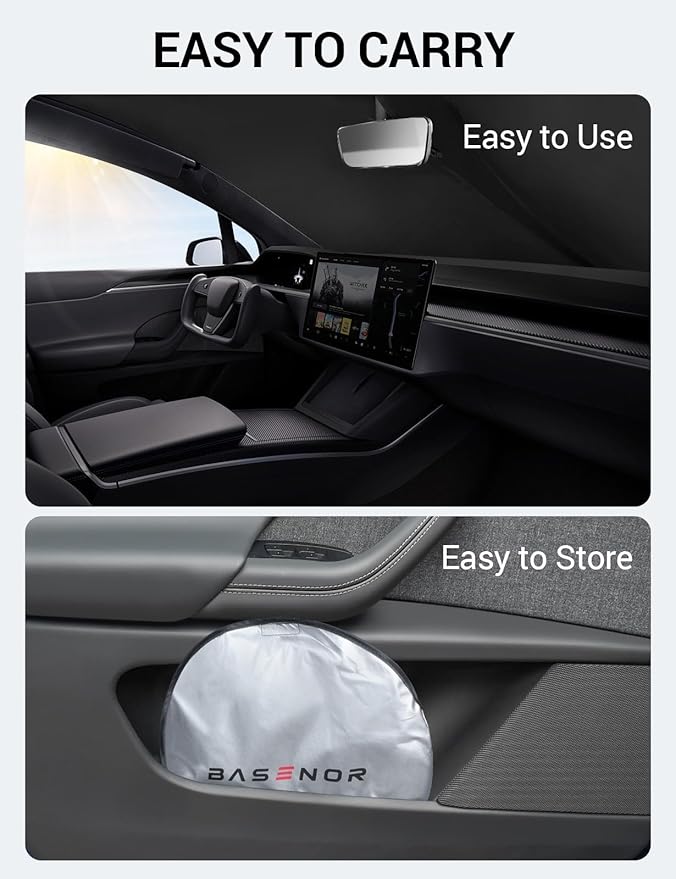 BASENOR Upgraded Sunshade for Tesla Model X Windshield Sunshade Folding Sun Visor Protector (Proprietary Design) Sun Shade Cover with a Storage Bag Fit Model X 2021-2026