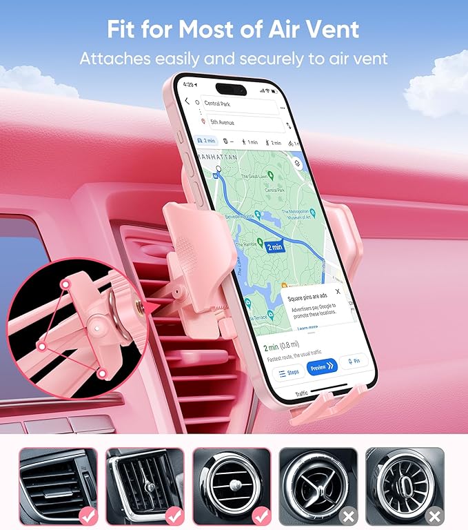 VICSEED Pink Phone Holder for Your Car [ Sturdy & Secure ] Air Vent Phone Mount for Car Hands Free Easy Clamp Cradle in Vehicle for iPhone Samsung Android Smartphone, Pink Car Accessories