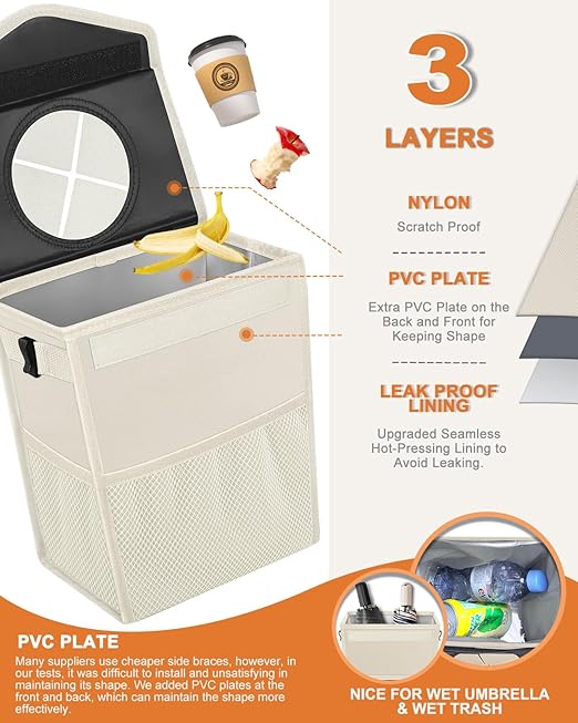 Car Trash Can with Lid, Cute Leakproof Car Trash Garbage Bag Hanging Vehicle Trash Bin Small Portable Automotive Garbage Cans Organizer for Back/Front Seat(Trapezoid,Ivory