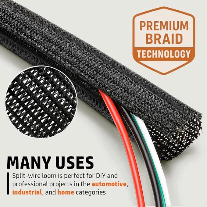 MGI SpeedWare Braided Split-Sleeve Wire Loom for High-Temperature Automotive Harness and Home Cable Management 25 feet (3/4")
