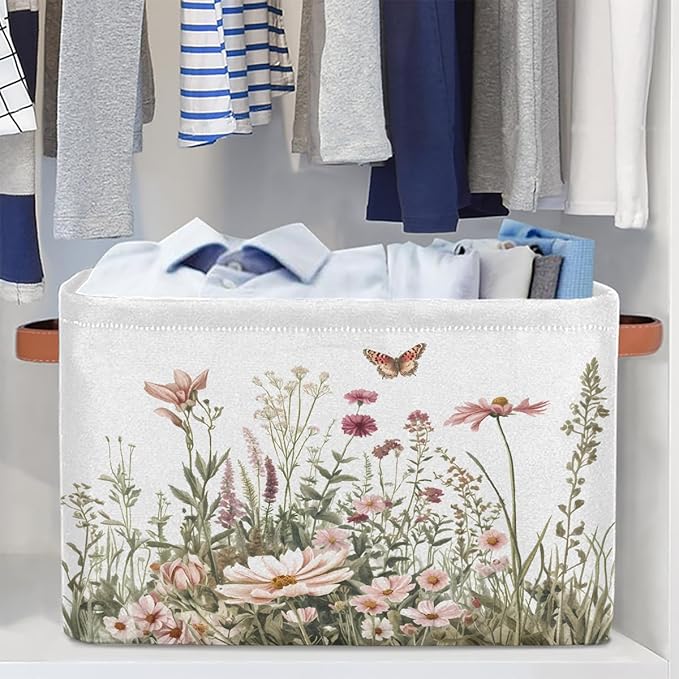 Spring Wildflowers Storage Baskets for Organizing, Fabric Collapsible Storage Bins Box Plants Floral Decorative Toy Organizer Baskets for Closet Shelves Gift Basket 2Pcs