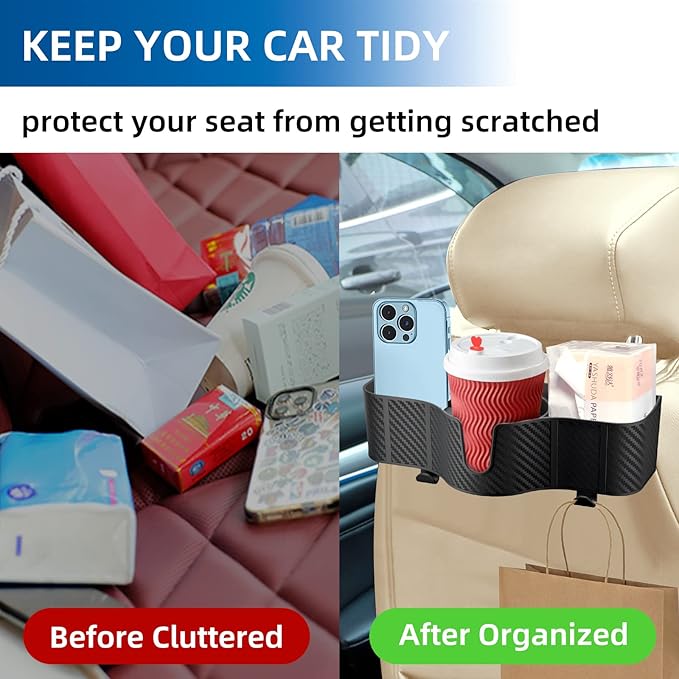 OUSHASAA 3-in-1 Car Headrest Backseat Organizer with 3.7" Backseat Cup Holder for Car, Seat Back Organizer with Hooks