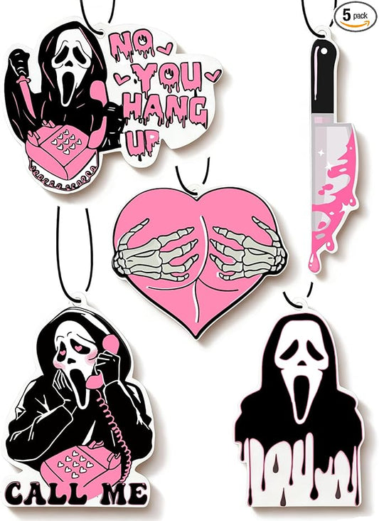 5Pcs Ghost Horror Car Air Fresheners Pink Cute Car Interior Accessories Hanging Scents Anime Freshener Automotive Room Decor for Women Teen Girls Gift