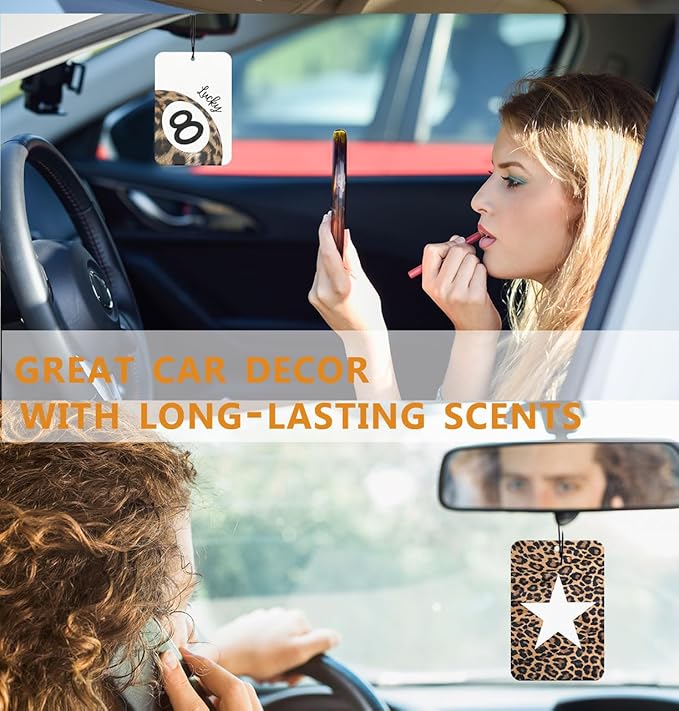 Trendy Retro Leopard Car Air Freshener 4Pcs, Lucky 8 Ball Girly Cheetah Car Accessories for Women, You Look So Good Cute Cheetah Star Mirror Decor Hanging Air Freshener for Cars Closet (Vanilla)