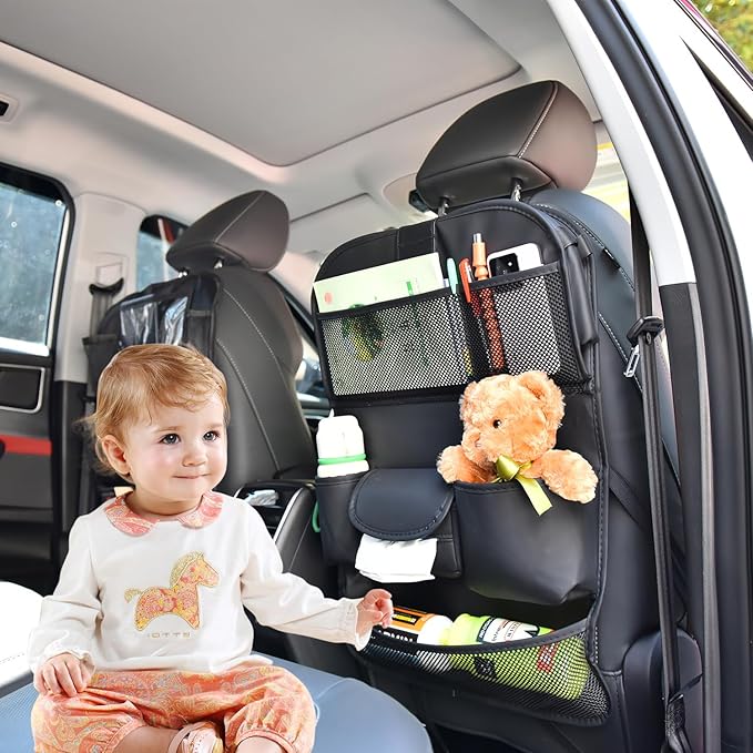 Car Backseat Organizer with Foldable Table Tray – Leather Seat Protector Kick Mats for Kids & Pets, 8 Storage Pockets Travel Organizer with Touch Screen Tablet Holder for SUV Truck Family Road Trips