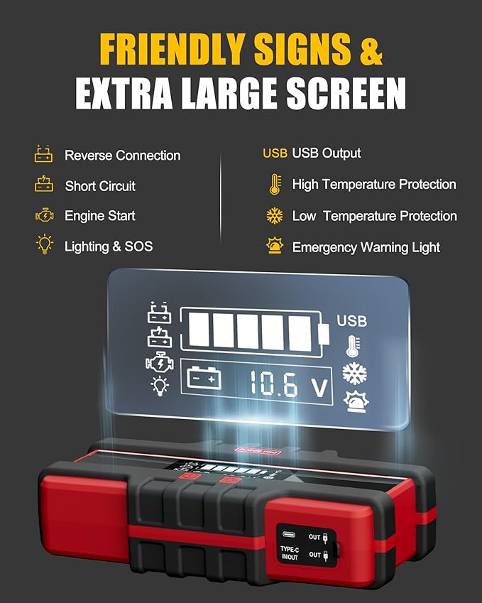 PJS06 Pro 4000A Car Jump Starter - Portable Power Bank with 40W Fast Charge, 10L Gas/9L Diesel Engine Starter, 3S Quick Start, Voltage Detector, LED Light, 10 Protections