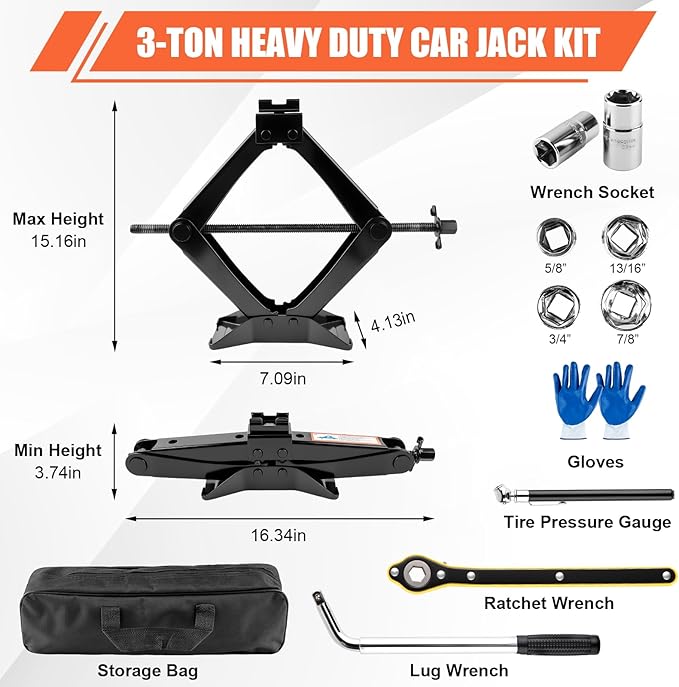 3 Ton (6610 Lbs) Car Jack, Universal Heavy Duty Scissor Jack, Professional Spare Tire Changing Kit with Lug Wrench, Portable Car Emergency Lift Jack Kit for Car, SUV, Sedan, Crossover