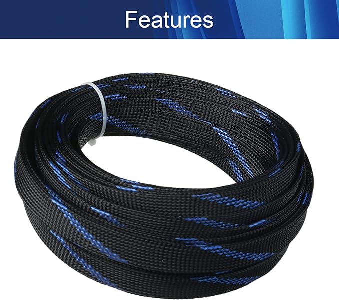 Aicosineg 32.81ft PET Flexible Braided Cable Sleeve 0.62inch Width Wire Loom Sleeving and Organizer Flexible Wire Mesh Sleeve for TV Audio PC Cords from Pets Chewing Black and Blue