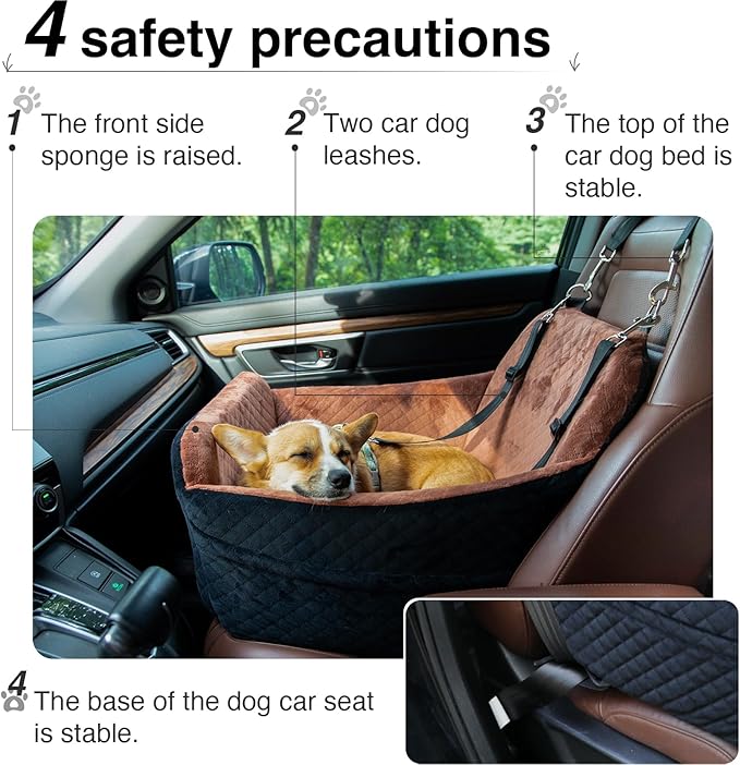 YOUVEE Dog Car Seat for Small/Medium Dog 20lbs 25lbs up to 32 lbs,Fully Detachable and Washable Puppy Booster seat with Storage Pockets,2 Adjustable Safety Belts(Black Outside Brown Inside)