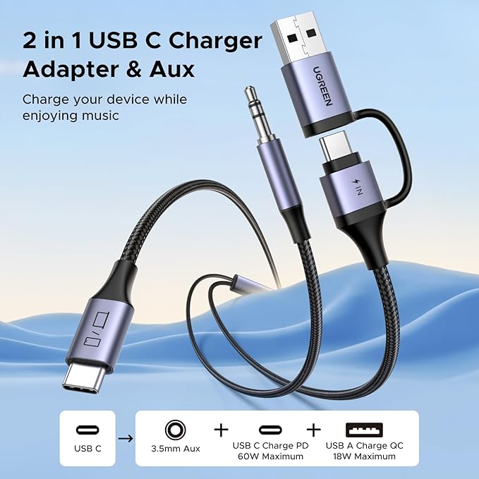 UGREEN USB C to 3.5mm Audio Cable and Charger 2 in 1 Hi-Res Type C to Aux TRS Headphone Car Stereo with PD 60W Fast Charging Compatible with iPhone 17 ProMax Galaxy S25 Pixel 10 iPad Pro Switch 2, 5FT