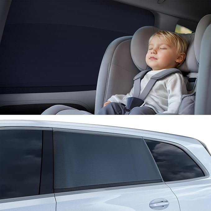 Nmoiss Car Window Shades for Baby[Ice Crystal Cooling Layer](2 Pack) UV-Blocker Cling Sun Shade 99% UV Protection Fit SUV/Sedan/Minivan | Roll Windows Down, Privacy Safe Medium