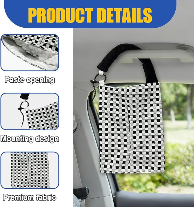 Car Tissue Holder, Checkered Pattern Car Backseat Napkin Holder, Rectangular Canvas Hanging Auto Tissues Box, Universal Vehicle Storage Organizer Accessory for Phone, Small Items (Black)