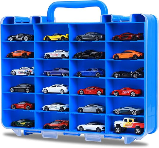 Storage Case for Hot Wheels - Carrying Display Case for 1/64 Scale Toy Cars, 48-Slot Double-Sided Transparent Organizer with Adjustable Dividers (Blue, 1 Pack)