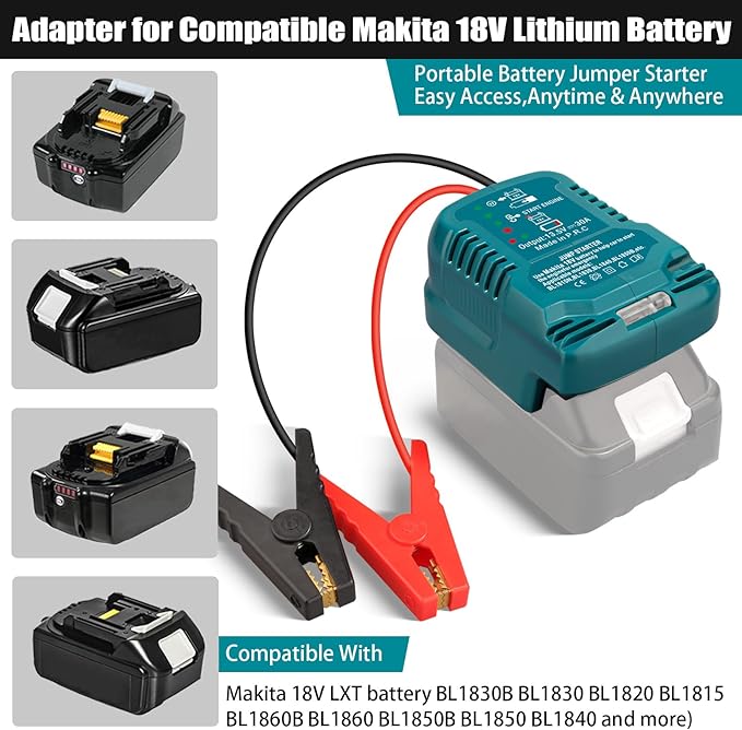 Jump Starter Adapter for Makita 18V Li-ion Battery Powered with Jumper Cable Clamps Portable Car Charger Jump Starter(Battery Not Included)