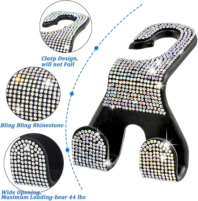 MTGOCHA Car Headrest Hooks Bling, 2 in 1 Purse Hook for Car Seat Hooks Rhinestone Purse Hangers Holder Universal Bag Hooks Bling Car Accessories for Women 2pcs, AB Bling