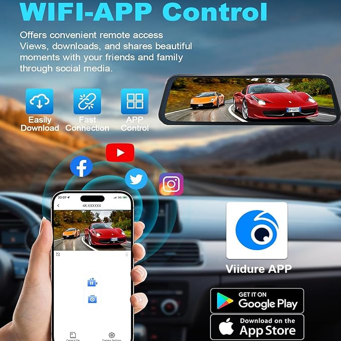 Mirror Dual Dash Camera for Car, Dashcam 4K Front 2.5K IMX335 Rear View/ADAS BSD LCA Wi-Fi&APP WDR Night Vision G-Sensor Loop Recording Parking Monitor 64GB Card