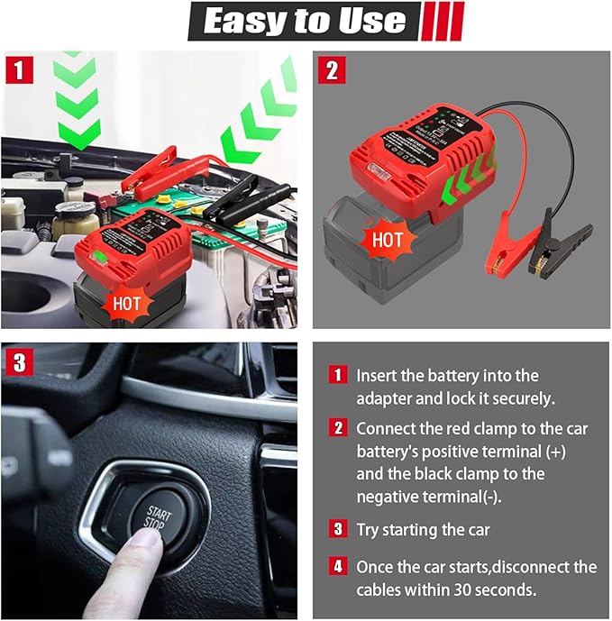 Jump Starter Adapter for Milwaukee 18V Li-ion Battery Powered with Jumper Cable Clamps Portable Car Battery Charger Jump Starter(Battery Not Included)