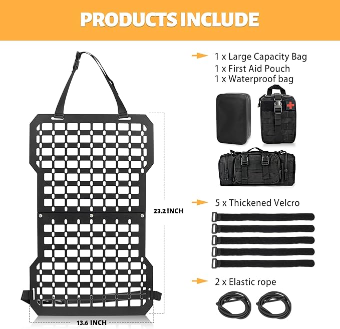 MAIKER Rigid Molle Panels for Vehicles Truck Mount Rack Tactical Seat Back Organizer Versatile Panel with 3 Storage Bag & 5 Hook and Loop Fasteners & 2 Elastic Rope for Storage Gears Accessories
