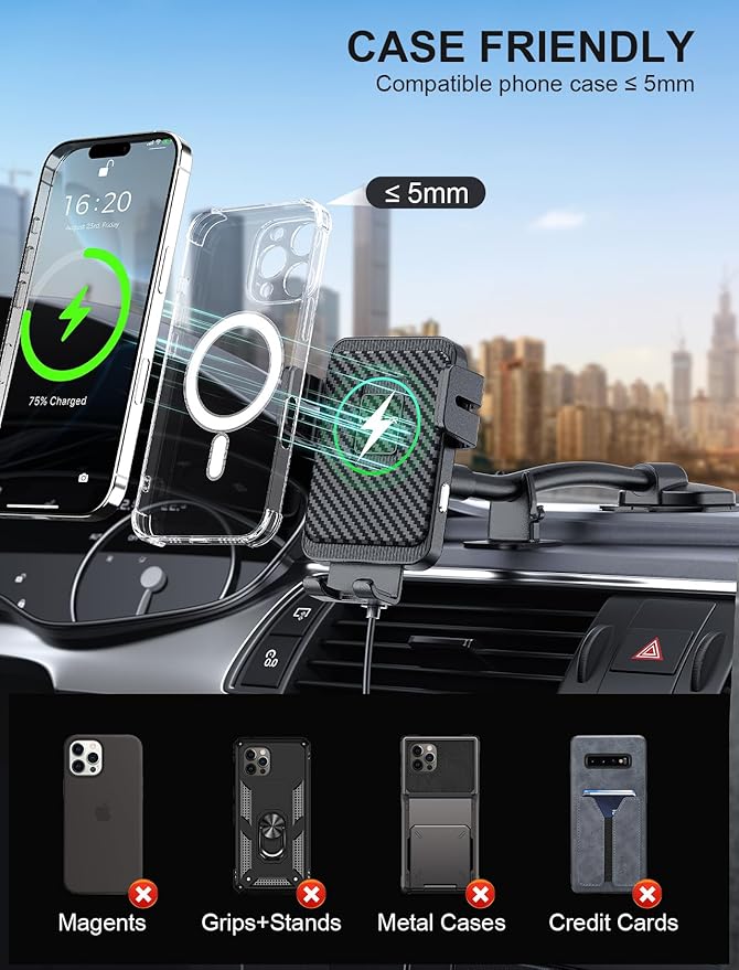 MOKPR Wireless Car Charger, Adjustable Gooseneck Car Mount Auto-Clamping Car Charger, Dashboard [with Anti Shake stabilizer] Phone Holder fit for iPhone 17 16 15 14 13 12, Samsung S24 S23 S22, etc