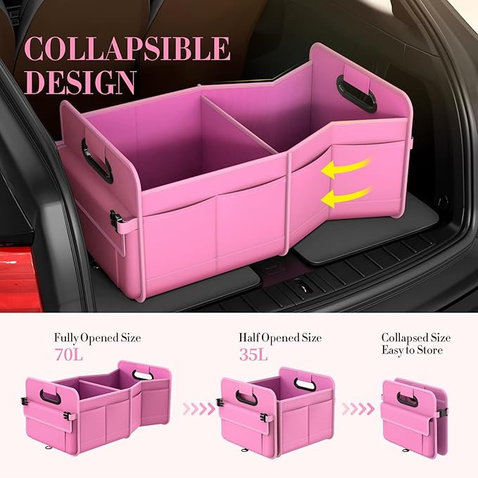 Trunk Organizer For Suv & Sedan,Car Organizers and Storage, Waterproof Collapsible & Adjustable Straps,70L Sturdy Car Organization for Car Accessories, Tools,Sundries,2-3 Compartment（Pink