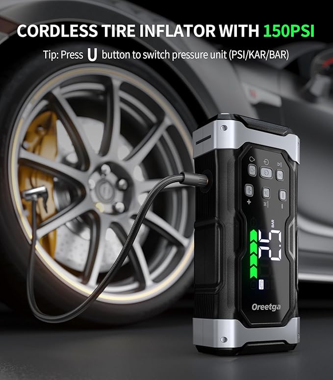 Upgraded 9000A Car Jump Starter with Air Inflator/Deflator Compressor, 9 in 1 Portable Jumper Box Power Pack Charger (All Gas/14L Diesel) Combo Cordless Air Pump for Tire Inflator & Large LCD Screen