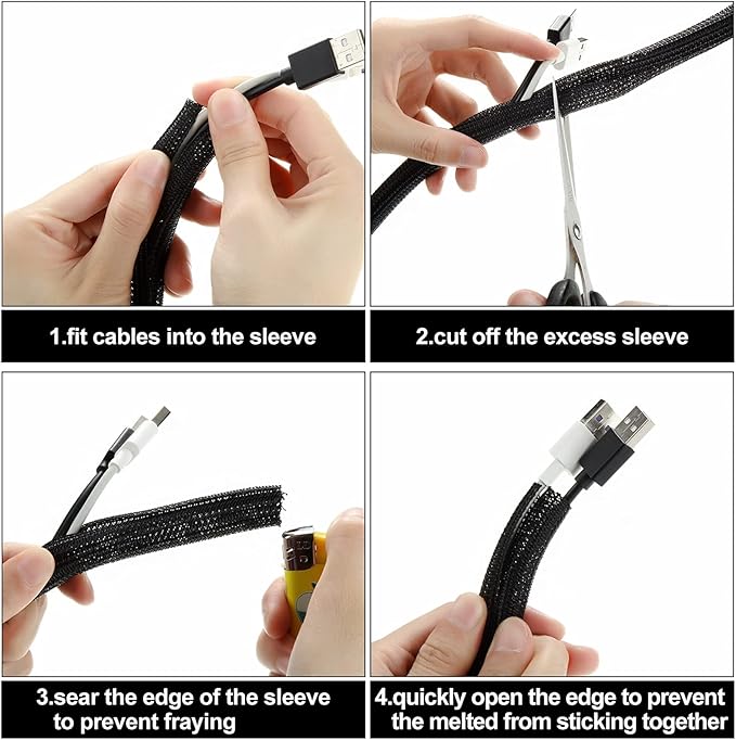 Boao 3 Pieces Cord Protector Wire Loom Tubing Cable Sleeve Split Sleeving for USB Charger Cable Cord Cover Audio Video Cable (3/8 Inch, 1/2 Inch, 1/4 Inch, Black)