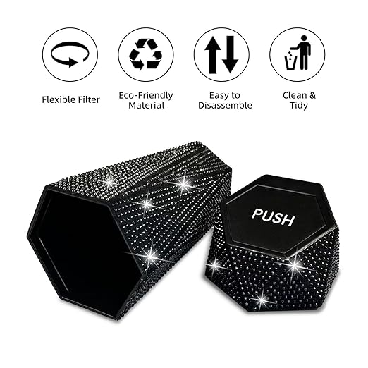 NBTEPEM 2 PCS Bling Car Trash Can with Lid, Bling Car Accessories Trash Bin, Leakproof Auto Garbage Can with 60 Trash Bags, Multipurpose Organizers and Storage for Home, Office (Black Diamond)