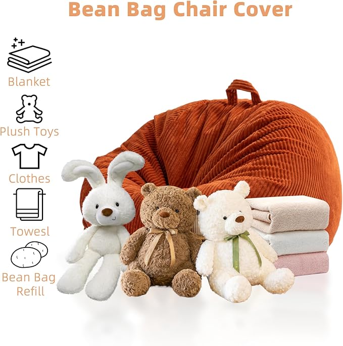 ZhenLives Stuffed Animal Storage Bean Bag Chair Cover, Cover Only (No Filler), Corduroy Toy Organizer Floor Cushion Seat, 48 in/120 cm Slipcover for Teens & Adults, Pink