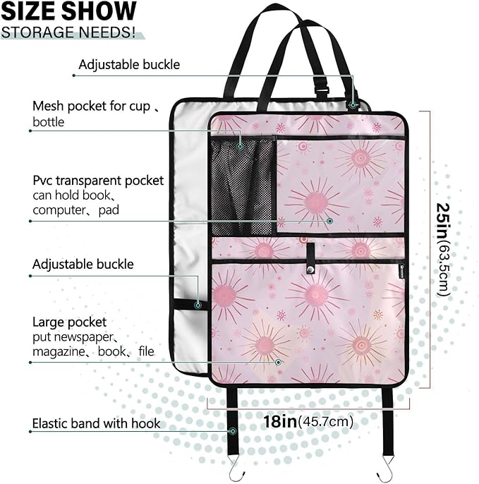 JIPONI Car Backseat Organizer, Pink Suns Automotive Back Seat Protector, Kick Mats with Storage Pockets for Kids Pets, Road Trip Accessories
