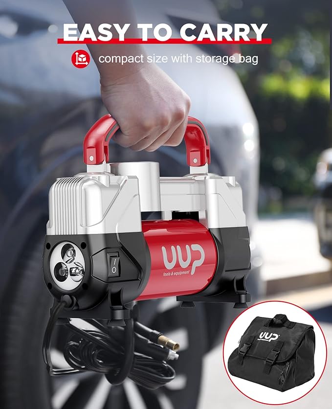 UUP Tire Inflator Air Compressor, 150PSI 12V DC Double Cylinders Heavy Duty Portable Air Pump w/Emergency LED Light for Truck, SUV, Car, RV (red)