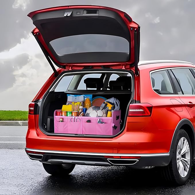 Trunk Organizer For Suv & Sedan,Car Organizers and Storage, Waterproof Collapsible & Adjustable Straps,70L Sturdy Car Organization for Car Accessories, Tools,Sundries,2-3 Compartment（Pink