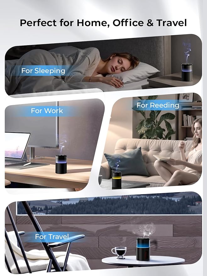 Waterless Diffuser for Essential Oil: Mini Battery Scent Diffuser for Room&Home&Car with 9 Colors LED Light - Aroma Cool Mist Machine Charcoal Black