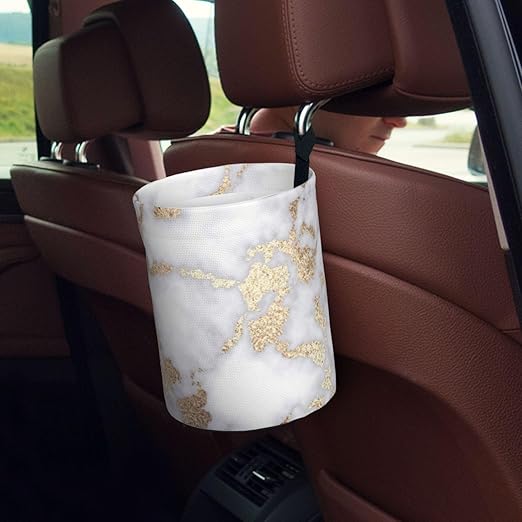 Modern Chic White Gold foil Marble Car Trash Can Leak Proof Hanging Waterproof Garbage Can Multipurpose Trash Bin for Car SUV Front Seat Headrest Collapsible and Portable Storage Pocket