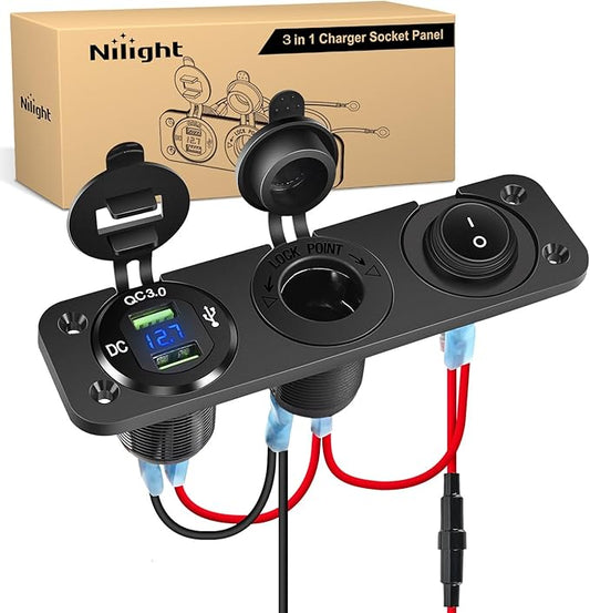 Nilight 4 in 1 Charger Socket Panel Dual QC3.0 USB with LED Voltmeter Display and Cigarette Lighter Power Cutoff Switch for CarsTrucks UTV ATV