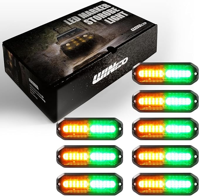 WINECO Green/Amber led strobe lights for trucks 8pcs 12-LED Surface Mount Flashing Strobe Lights kit for Trucks Car Vehicles LED Mini Grille Grill Strobe Light Head Emergency Hazard Warning lights