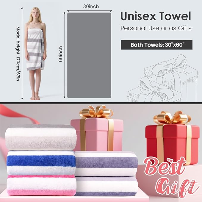 JML Microfiber Bath Towels Set of 2, 30" x 60", Oversized, Soft, Super Absorbent, Fast Drying Large Bath Towel Perfect for Hair Wrap, Sport, Fitness, Yoga, Cabana Stripe Grey