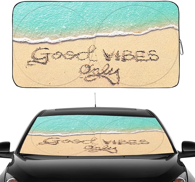 Gven Windshield Sun Shade for Car Front Window Cover Sunshades Visor Automotive Sun Shield for Compact Sedan, SUV, Midsize Sedan, Small Pickup Blocks UV Rays Keep Your Vehicle Cool (Good Vibes, S)