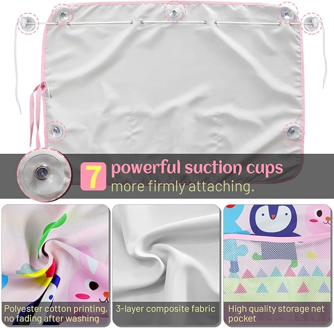 DIZA100 Car Sun Shade for Window Baby (2 Pack), Blackout Window Shades with Storage Net Pocket, 7 Suction Cups, Cute Patterns for Sun/Heat/UV Rays Block