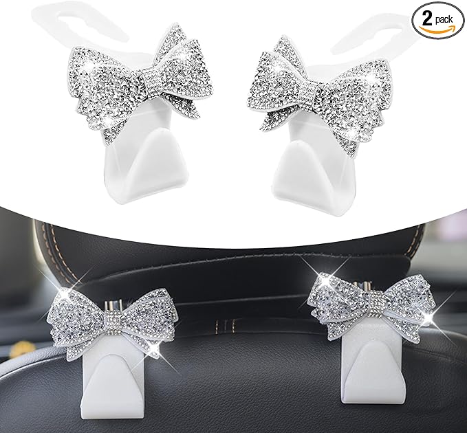 2 PCS Bling Car Seat Headrest Hooks, S Type Crystal Rhinestone Bow Vehicle Seat Back Storage Hooks for Purses Bags Groceries, Universal Diamond Car Rear Seat Organizer (White)