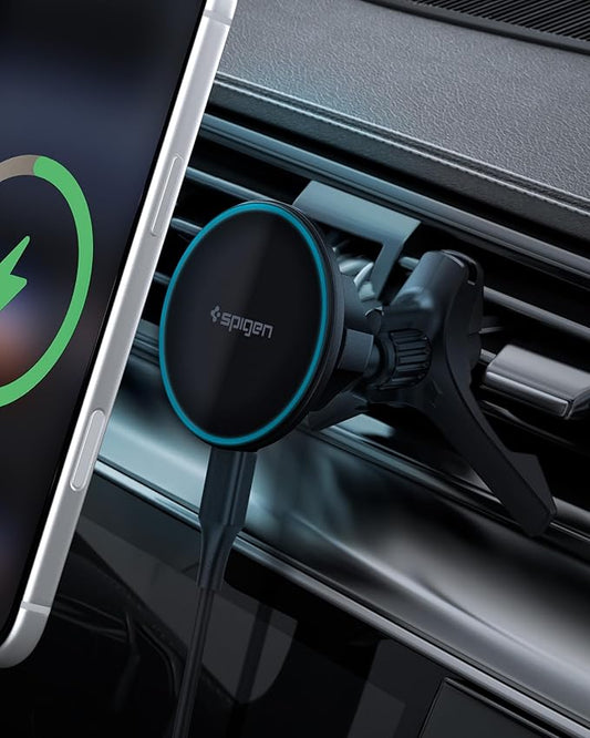 Spigen Essential MagFit Qi2 Ultra-Thin 15W MagSafe Car Mount Charger with Airboost™ & Dimmed RGB Lights Wireless Car Charger Mount Compatible with iPhone 17e, 17 Pro Max, 17 Pro, 17 16 15 14 13 12